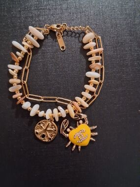 Gold-Tone Shell Bead Bracelet with Yellow Crab Charm